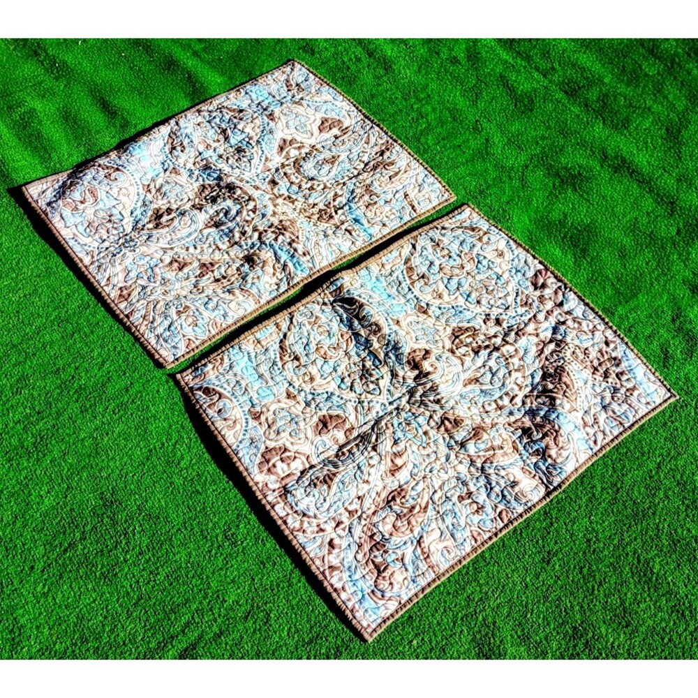 Madison Park Quilted Paisley Brown/Aqua Floral Bed Pillow Sham 2-Piece Set EUC